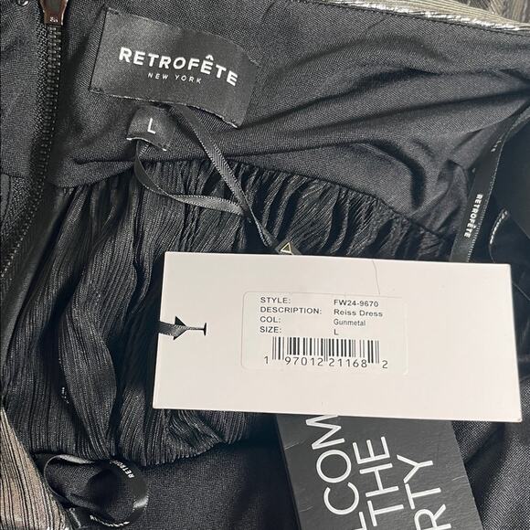 Retrofete Reiss Ruched Pleated Halterneck Metallic Gunmetal Maxi Dress Size L - Picture 8 of 9